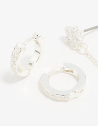 Silver Cubic Zirconia Chain Flower Chain & Huggie Earrings 3-Pack - link has visual effect only