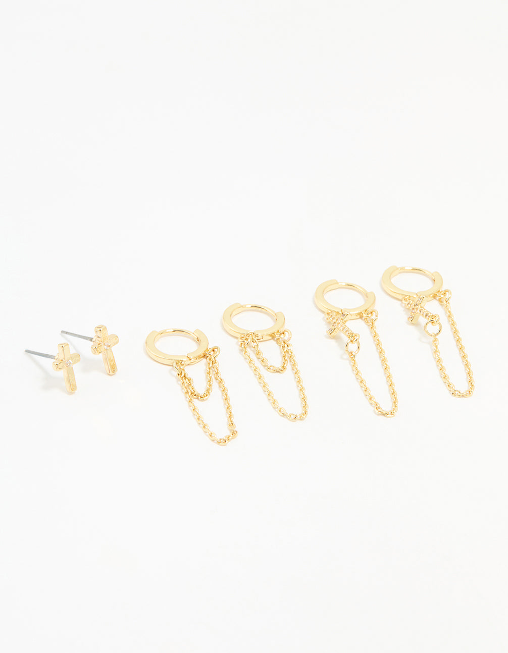 Gold Cubic Zirconia Loop Chain Cross Earrings 3-Pack
