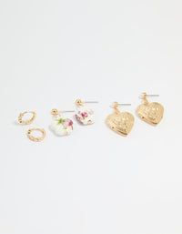 Gold Flower & Heart Locket Earrings 3-Pack - link has visual effect only