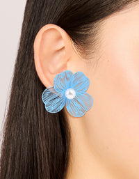 Gold Blue Laser Cut Flower Pearl Stud Earrings - link has visual effect only