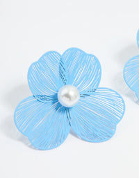 Gold Blue Laser Cut Flower Pearl Stud Earrings - link has visual effect only