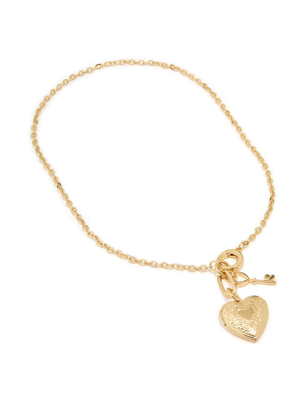 Gold Plated Heart Locket & Key Necklace
