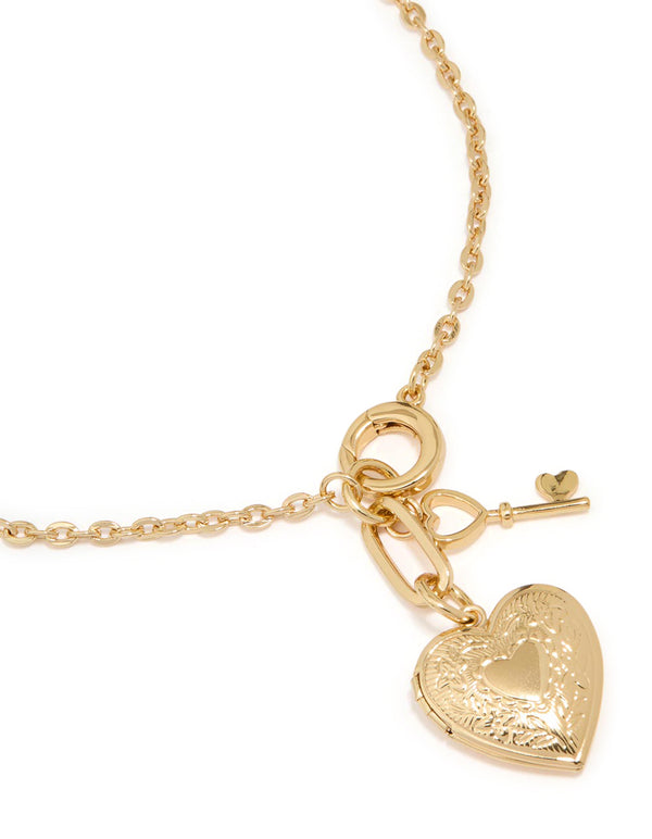 Gold Plated Heart Locket & Key Necklace