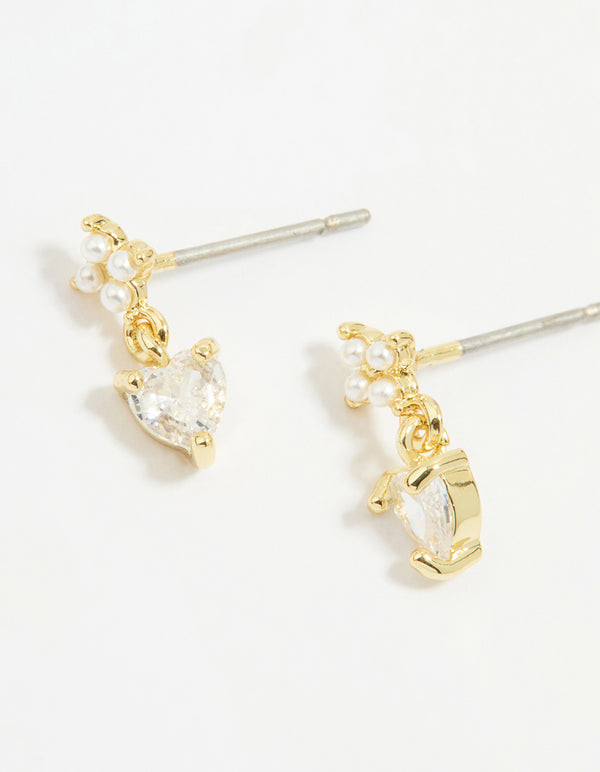 Gold Plated Brass Cubic Zirconia Heart Stud Drop Stud & Chain Earrings 3-Pack
