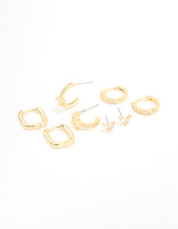 Gold Plated Brass Cubic Zirconia & Plain Rectangle Earrings 4-Pack - link has visual effect only