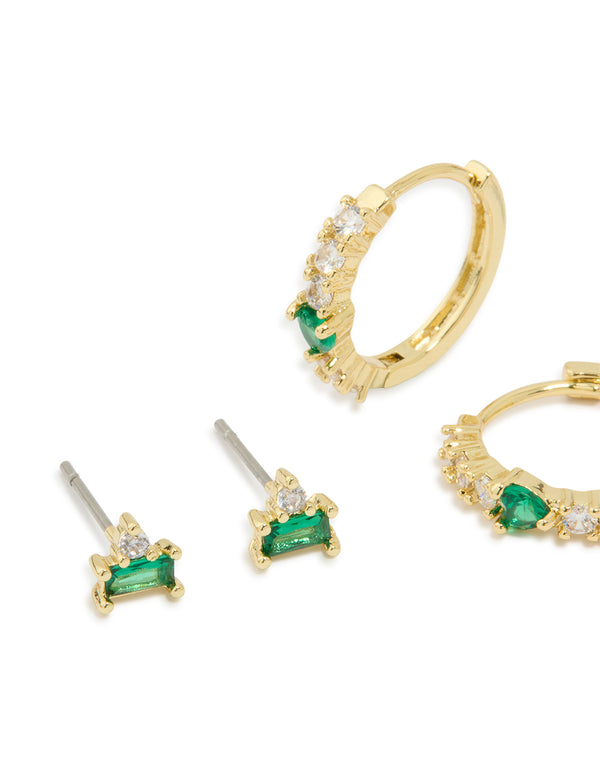 Gold Plated Brass Emerald Flower Stud & Huggie Earrings 3-Pack