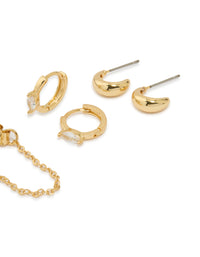 Gold Plated Brass Cubic Zirconia Oval Chain & Huggie Earrings 4-Pack - link has visual effect only