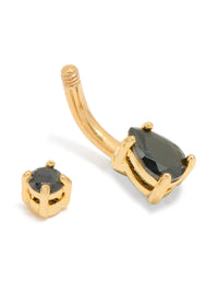 Gold Plated Surgical Steel Black Cubic Zirconia Belly Bar - link has visual effect only