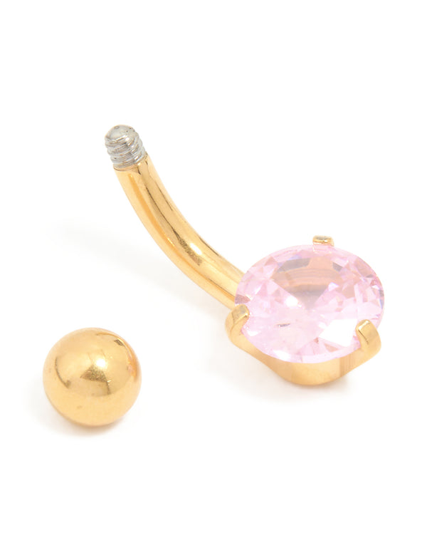 Gold Plated Surgical Steel Pink Cubic Zirconia Belly Bar