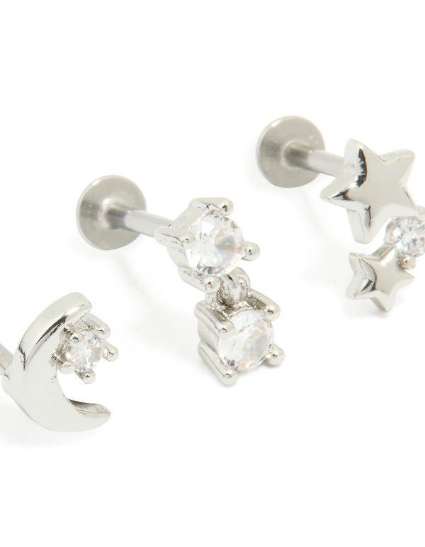 Surgical Steel Cubic Zirconia Mixed Threadless Flat Back Studs 3-Pack
