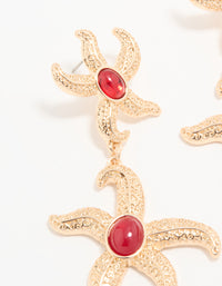 Gold Red Centre Double Starfish Drop Earrings - link has visual effect only