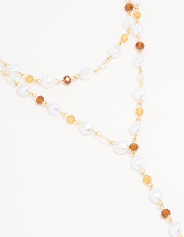 Gold Pearl & Brown Beaded Layered Y-Necklace
