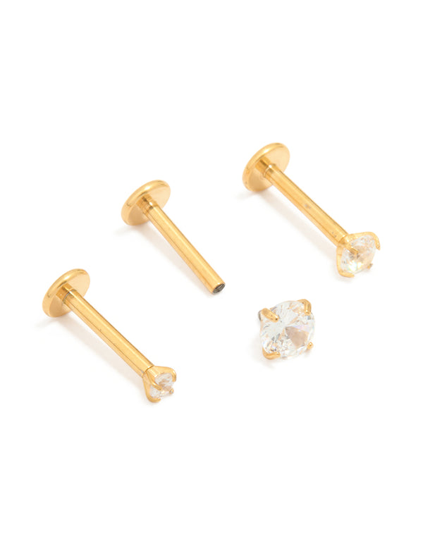 Gold Plated Titanium Cubic Zirconia & Plain Flat Back Studs 3-Pack