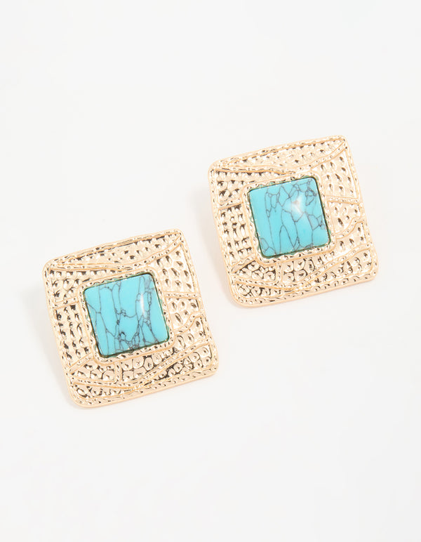 Gold Turquoise Textured Square Stud Earrings
