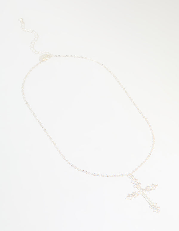 Silver Plated Cubic Zirconia Large Cross Pendant Necklace