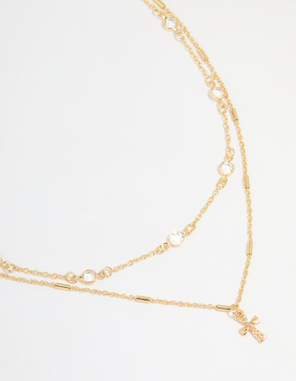 Gold Plated Bezel Chain & Cross Layered Necklace