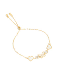 Displaying gold plated cubic zirconia butterfly and heart toggle bracelet front view - link has visual effect only