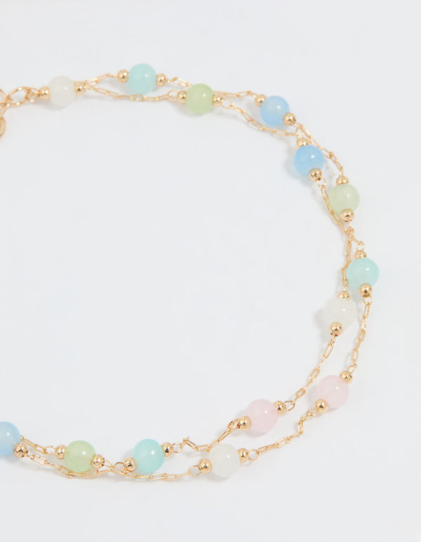 Gold Pastel Green & Blue Gem Layered Anklet