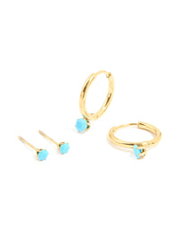 Waterproof Gold Plated Stainless Steel Turquoise Mini Earrings 2-Pack - link has visual effect only