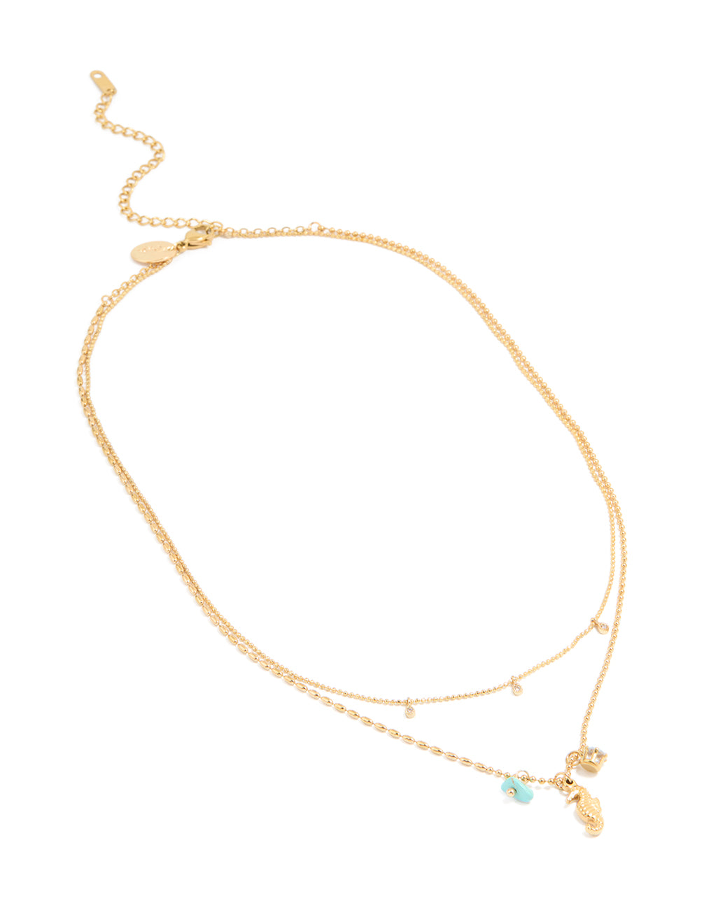 Waterproof Gold Plated Stainless Steel Cubic Zirconia & Seahorse Layered Necklace