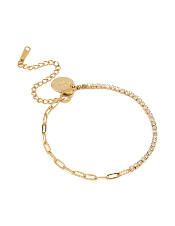 Waterproof Gold Plated Stainless Steel Cubic Zirconia Pin Chain Bracelet