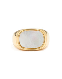 Presenting a waterproof gold plated stainless steel statement signet ring with square semi precious moonstone close up view - link has visual effect only