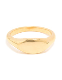 Featuring a waterproof gold plated stainless steel oval signet ring close up view - link has visual effect only