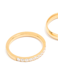 Waterproof Gold Plated Stainless Steel Diamante & Smooth Rings 2- Pack - link has visual effect only