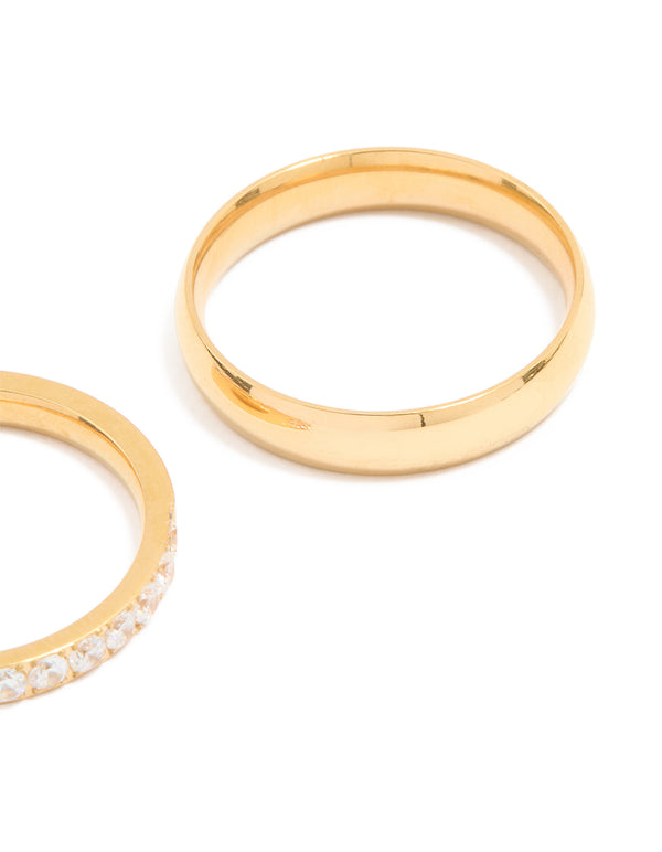 Waterproof Gold Plated Stainless Steel Diamante & Smooth Rings 2- Pack