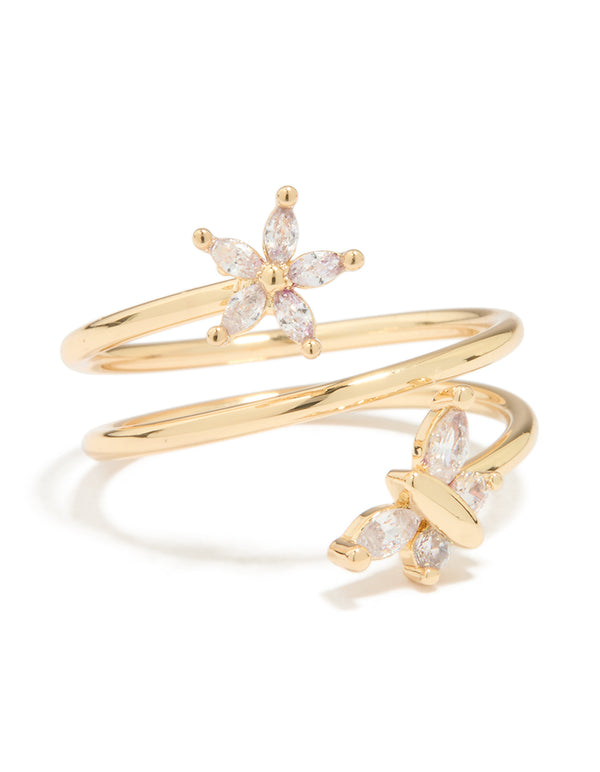 Gold Plated Cubic Zirconia Butterfly & Flower Ring