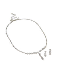 Silver Cubic Zirconia Flower Y-Necklace & Earrings Set - link has visual effect only