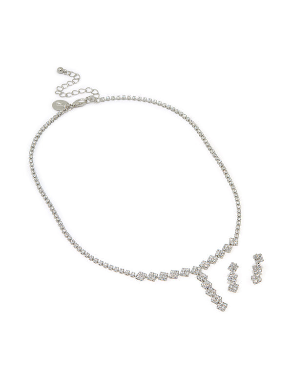 Silver Cubic Zirconia Flower Y-Necklace & Earrings Set