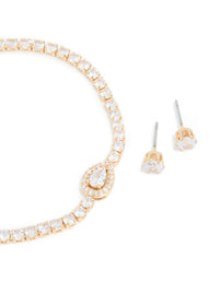 Gold Cubic Zirconia Pear Detail Centre Tennis Bracelet & Earrings Set - link has visual effect only