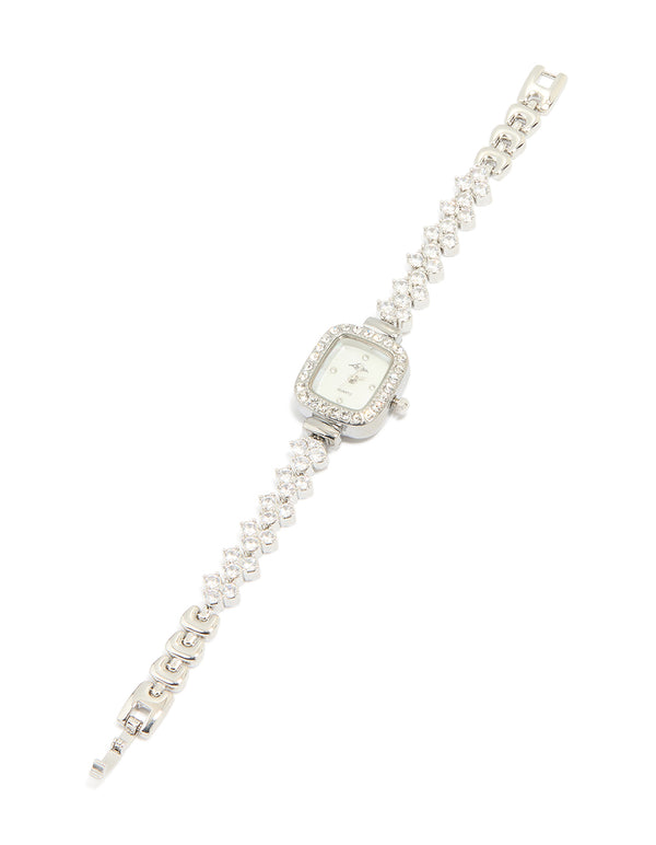 Silver Cubic Zirconia Rectangle Face Watch