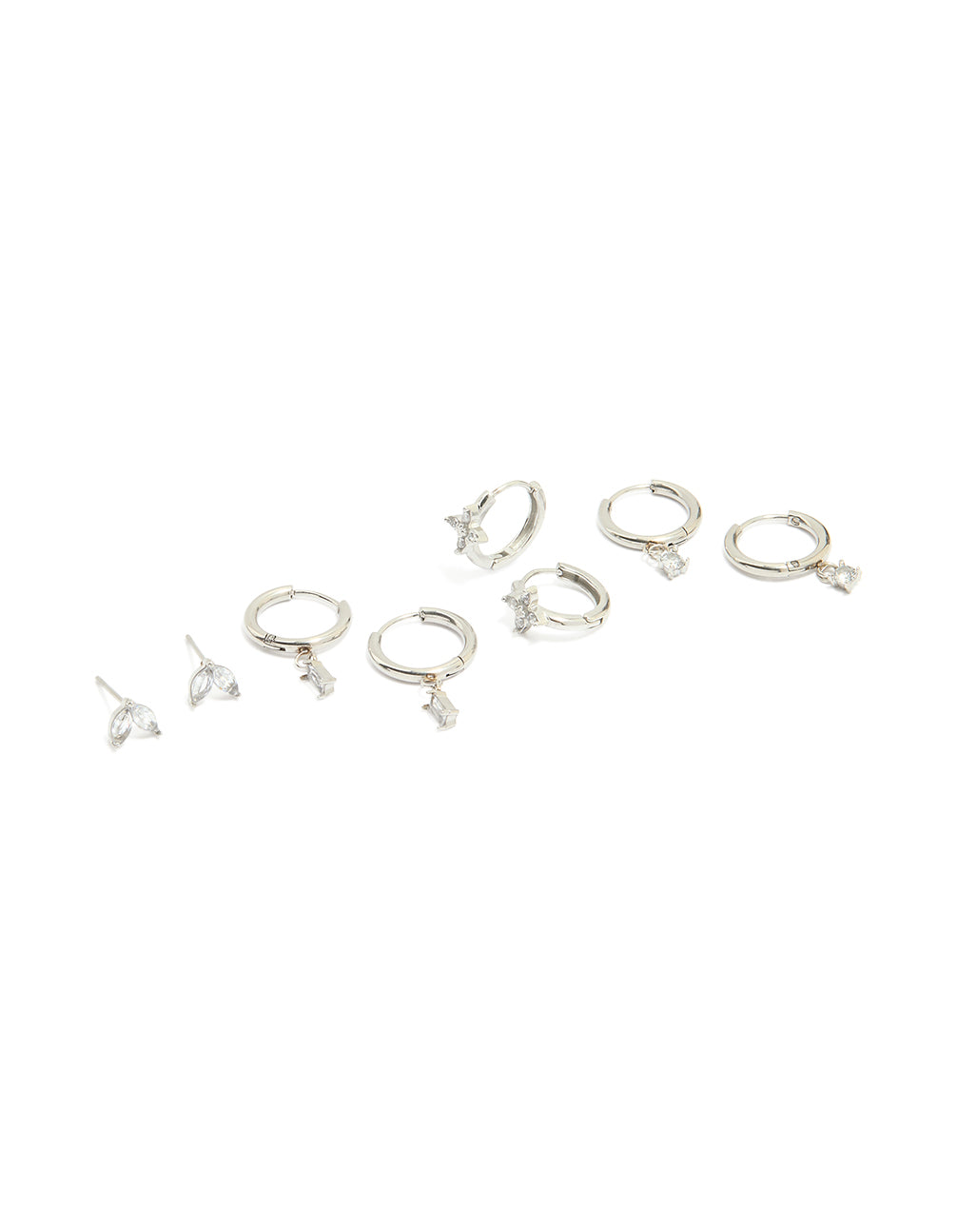 Showcasing waterproof stainless steel cubic zirconia and baguette flower huggie earrings in a 4-pack featuring floral design with silver and clear tones front view