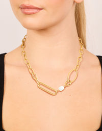 Beautifully crafted waterproof irregular paperclip necklace featuring freshwater pearl accents in gold plated stainless steel on neck view - link has visual effect only