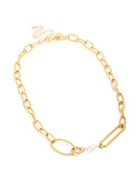 Elegant waterproof irregular paperclip chain necklace with freshwater pearl in gold plated stainless steel front view - link has visual effect only