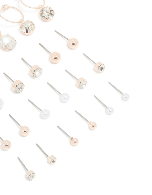 Rose Gold Diamante Pearl Ball Hoop & Stud Earrings 12-Pack