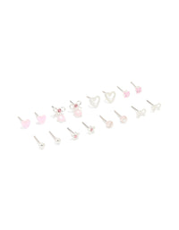 Silver Pink Diamante Heart & Bow Mixed Earrings 8-Pack - link has visual effect only