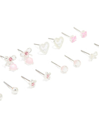 Silver Pink Diamante Heart & Bow Mixed Earrings 8-Pack - link has visual effect only