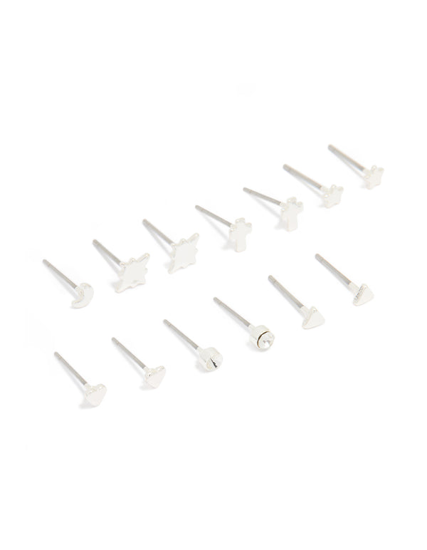 Silver Cross & Star Stud Earrings 8-Pack