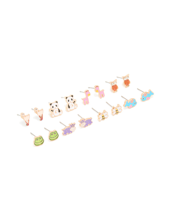 Gold Zoo Animal Stud Earrings 8-Pack