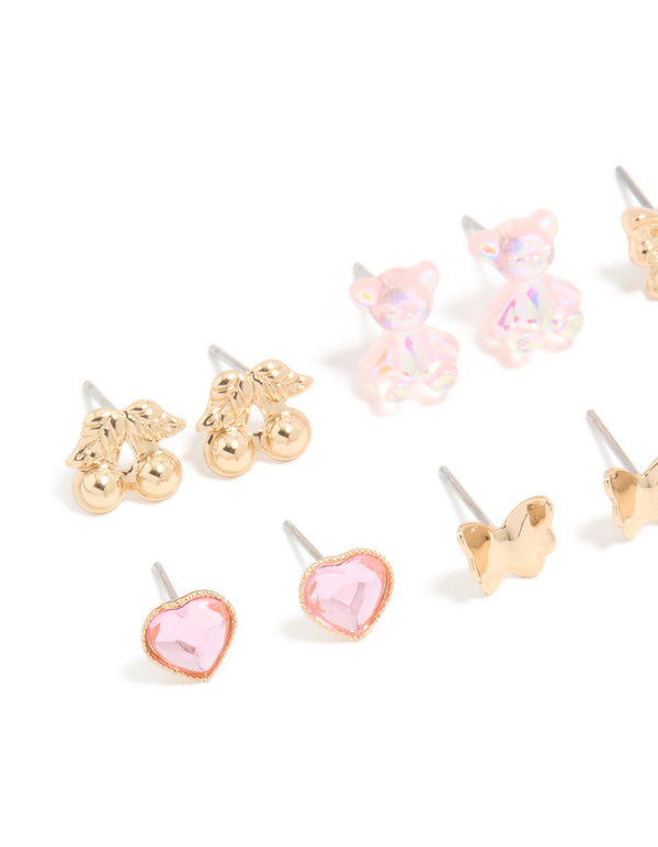 Gold Rose & Pink Teddy Mixed Stud Earrings 8-Pack