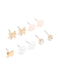Gold Rose & Pink Teddy Mixed Stud Earrings 8-Pack - link has visual effect only
