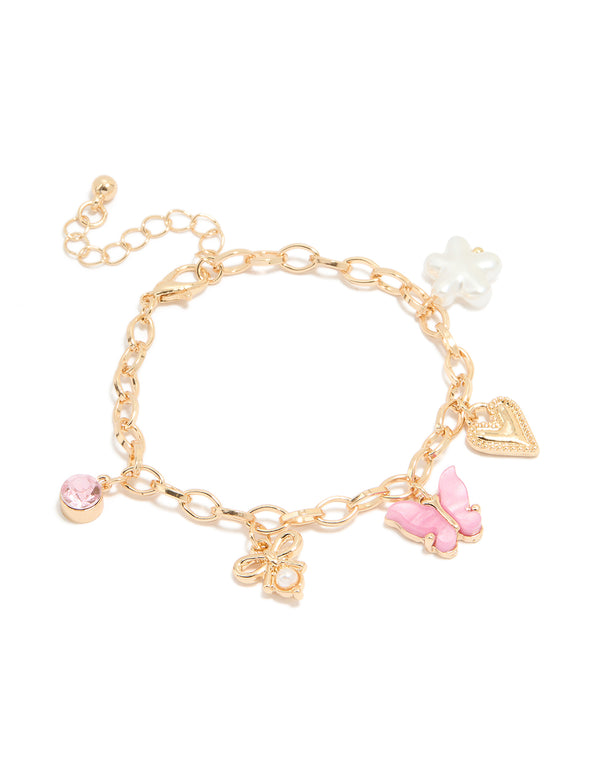 Kids Gold Pearl & Butterfly Charm Bracelet