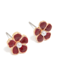 Gold Red Pearl Center Flower Stud Earrings - link has visual effect only