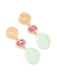 Gold Green & Pink Beaded Drop Earrings - link has visual effect only