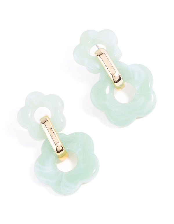 Gold Green Double Acrylic Flower Drop Earrings