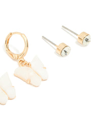 Gold Pearl Stud & Butterfly Huggie Earrings 3-Pack - link has visual effect only