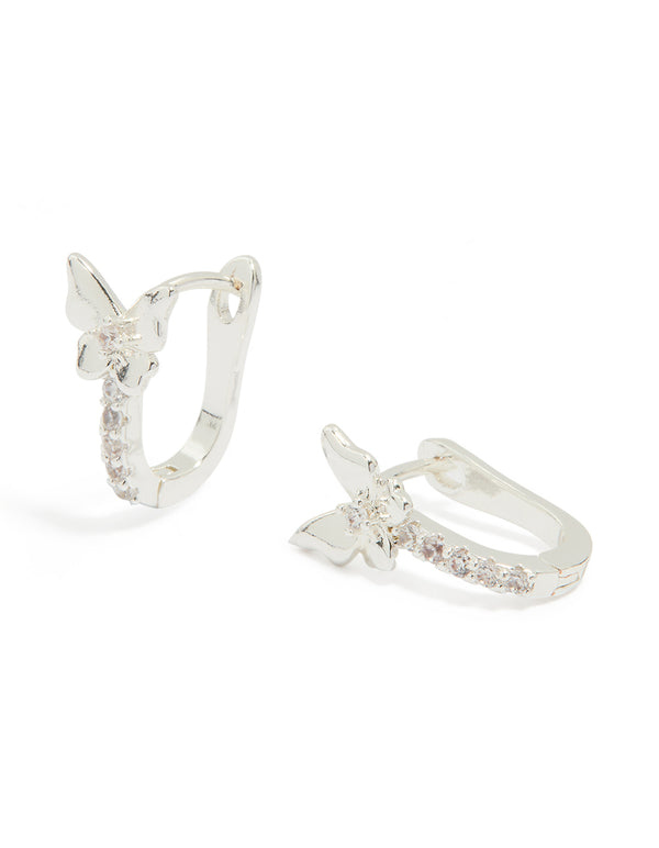 Silver Plated Cubic Zirconia Mini Butterfly Huggie Earrings